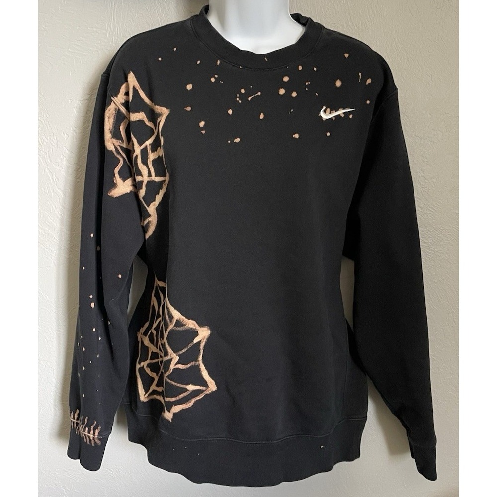 Nike Sweatshirt‎ Womens Large Black Crewneck Pullover Spider Web Bleach Dye